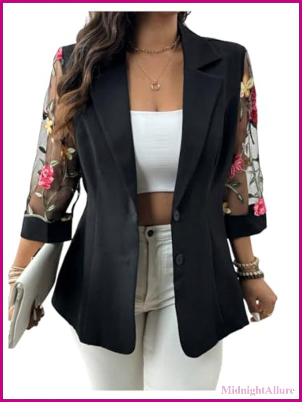 Plus Size Floral Embroidered Mesh Button Down Blazer 3/4 Sleeve Suit Jacket